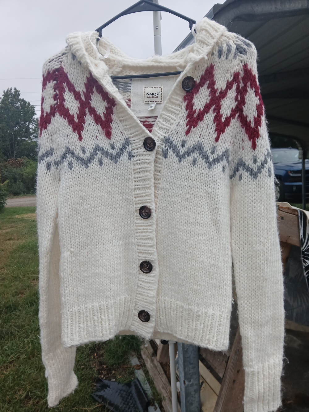 Kenji Handknit White Hooded Cardigan Sweater with Red & Gray Fair Isle Yoke